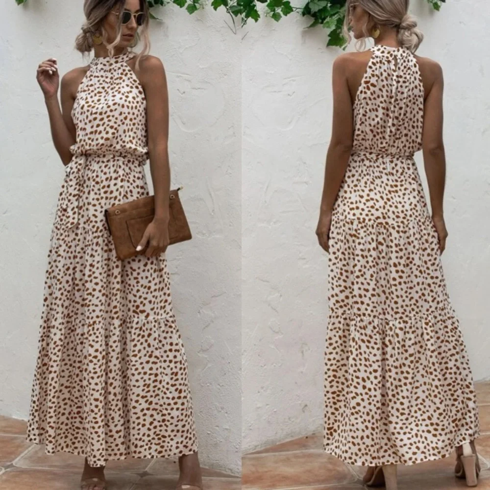 Boho cream brown  halter dot belted maxi dress